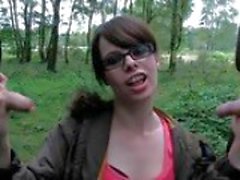Woodland group suck fest with spectacled girl