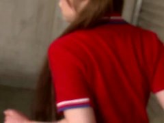 Babe in pigtails sucks guys dick after a game of ping pong