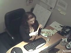 Beauty in office fucks pussy with a carrot