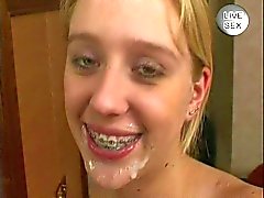 Girl with braces masturbates for guy and suck him
