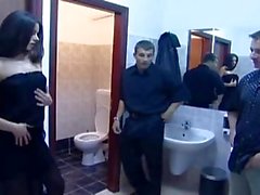 Orgy in a bar DP in the bathroom & hot brunette fucked in the ass