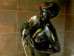 Gas mask, latex catsuit fuck, bathing