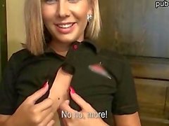 Pretty euro bartender chick fucked during work until she gets jizz blasted