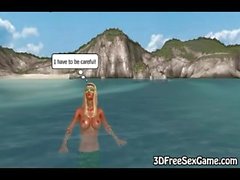 3d mermaid with nice tits swims around the ocean