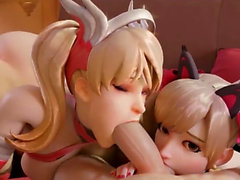 Hot ass Dva and blonde Mercy blowjob and sex session