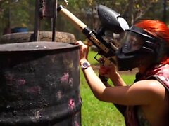 Latina gets facial and swallows cum after the paintball game
