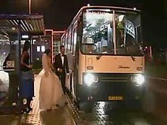Group sex with a bride in a bus