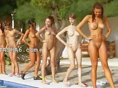 Six naked girls by the pool from europe