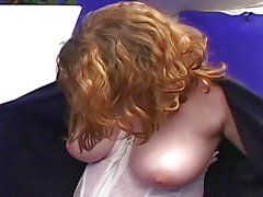 Natural hairy redhead pale skin pink tits gets creampie
