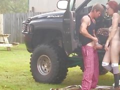 Amateur redhead in 4x4 gets fuck in public