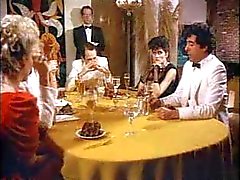 Retro porn dinner party and group fuck scene