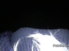 Blonde in coat bangs outdoor pov