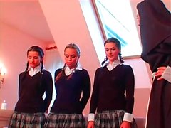 Schoolgirls show their tits to the sexy nun