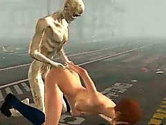 3D redhead babe gets fucked by a zombie outdoors