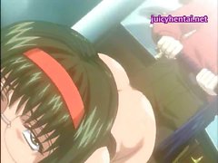 Anime brunette gets drilled with dildos