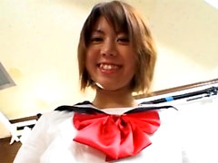 Ai Kazumi in school uniform sucks cock and gets banana in