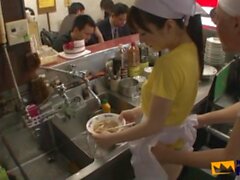 Japanese cookers play with the dish washer girl and fuck her in front of clients