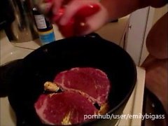 Very first cooking with Emilybigass with blowjob cooking steaks