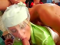 Women In Green Satin Blouse Gets Gangbanged