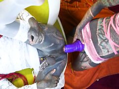 Tattooed trans sissy gets ass fucked with a strap-on