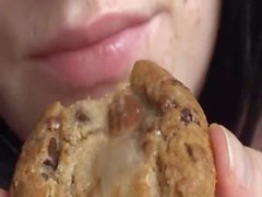 Chubby Brunette Milks Cock & Eats Cum Covered Cookie